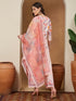Janasya Women's Peach Cotton Blend Floral Printed Straight Kurta Set